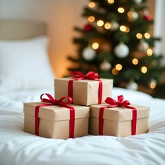 Obraz premium wrapped Christmas gifts sit on the bed in decorated bedroom with christmas tree, positioned in front of a decorated Christmas tree. 