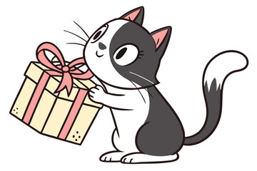 Happy bicolor cat joyfully carries a present adorned with a pink bow, seeming pleased