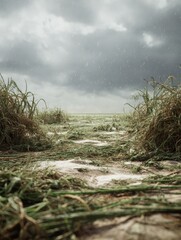 Fototapeta premium Ruined crops in a field after a hailstorm, illustrating agricultural loss
