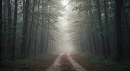 Fototapeta premium Enigmatic Forest Path: A Mystical Journey Through Misty Woods, Leading to an Unknown Destination. High quality professional stock photo suitable for commercial use.