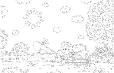 Cheerful little boy together with his funny pup fishing in a pretty small pond in countryside on a sunny day of summer vacations, black and white vector cartoon illustration for a coloring book