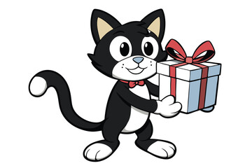 Cartoon tuxedo cat happily presents a wrapped present tied with a red bow for the occasion
