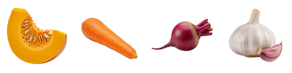 Assorted vegetables including pumpkin, carrot, beetroot, and garlic  