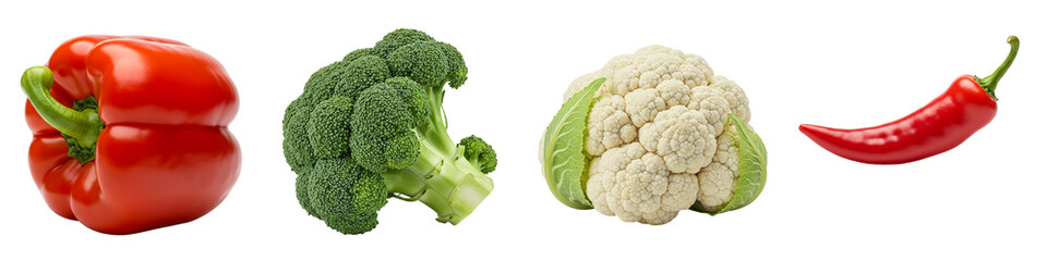 Colorful vegetables including red pepper, broccoli, cauliflower, and chili  