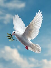 White dove flying with olive branch, symbol of peace and harmony, tranquil blue sky background, freedom and hope, international peace day