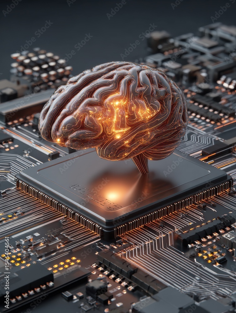 Poster big data and artificial intelligence concept. human brain glowing from processor, symbolizing the fu