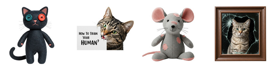 Plush cat and mouse toys with framed photo of cat and sign  