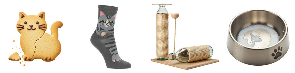 Cute cat illustration with playful socks and pet accessories on display  