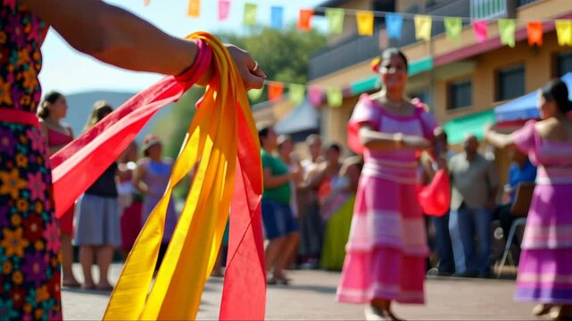A close-up of a dancer's hands holding colorful ribbons, performance during a traditional Mexican folk dance in traditional costumes. Cinco de Mayo. Independence Day. Fiesta and festival vibe