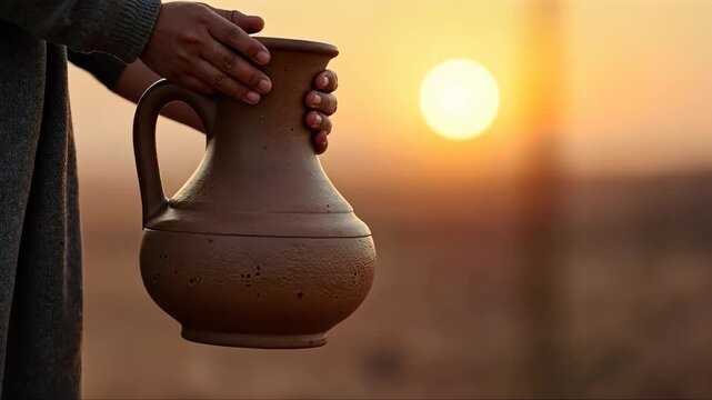 A child's small hands holding a clay water jug, symbolizing the thirst of Imam Hussain's family, under the fading light of sun.