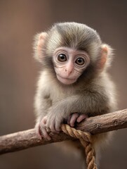 Fototapeta premium Cute small monkey sitting on branch, looking at camera.