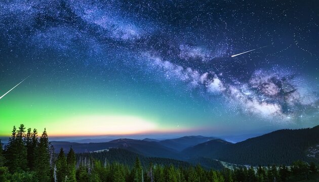 the milky way galaxy and a shooting star streak across the night sky with a green and blue gradient over a mountainous landscape
