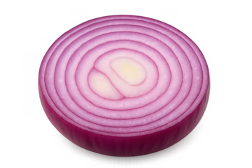 Sliced red onion revealing inner layers, transparent backdrop highlighting culinary ingredient