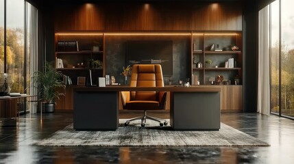Modern executive office with large windows