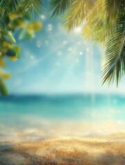 Naklejka na ściany i meble Abstract blurred background featuring a tropical beach scene with sunlight rays Golden sand clear water and palm leaves under a bright sky create a summer vacation vibe Copy space available