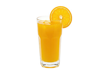 Tall glass filled with fresh orange juice adorned with a vibrant citrus slice on the glass rim edge on transparent background