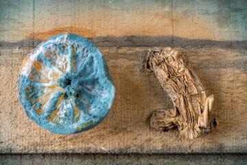 Beautiful turquoise mold on lemon and texture dried ginger. Fragrant plants for tea. Moldy lemon...