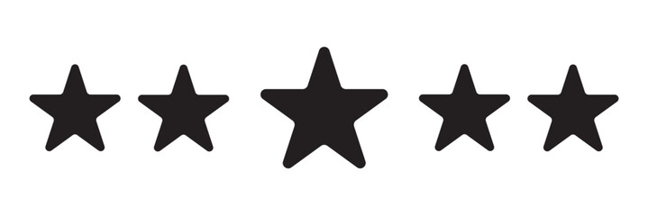 Fototapeta premium Five-star rating vector icon. Symbol of 5 star where the middle star is big than other stars. Black 5 star ranking icon set. Top quality rating symbol. Five stars review rating vector illustration. 