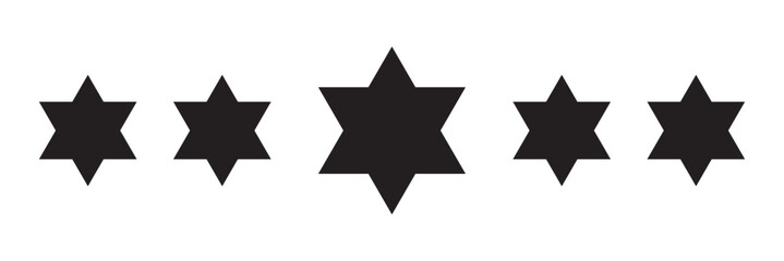 Obraz premium Five-star rating vector icon. Symbol of 5 star where the middle star is big than other stars. Black 5 star ranking icon set. Top quality rating symbol. Five stars review rating vector illustration. 