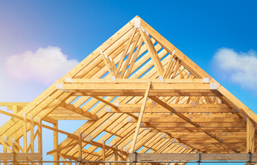 Building construction of house - Timber framing stage of a new residential home attic construction...