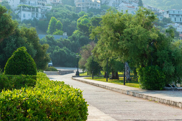 Montenegro, Budva Riviera, park on Sveti Stefan beach, Adriatic Sea coast. Horizontally