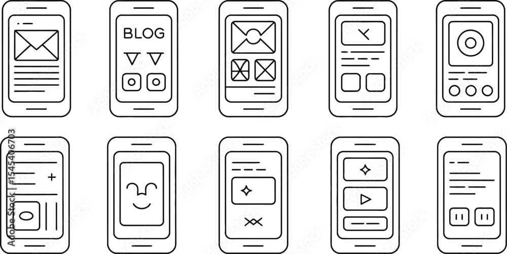 Wall mural ten smartphone outline icons displaying various app interface layouts design
