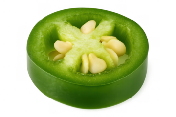 Vivid green jalapeno slice revealing plump seeds, showcasing crisp texture against clean transparent backdrop