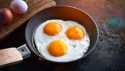fried eggs from 2 eggs in a frying pan hot sunny dish