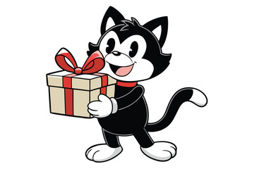 Cheerful cartoon black and white cat carries a gift box wrapped with red ribbon