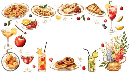 Watercolor illustration of appetizers cocktails and floral arrangement on transparent background