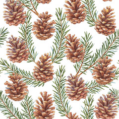 Christmas seamless Pattern with fir branches, fir twigs, cedar cones, and Pine cones. Fir Cones isolated on white background. Christmas gift wrapping. Watercolor Illustration.