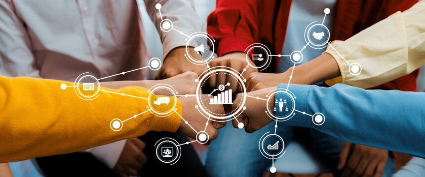 A vibrant image showcasing diverse team collaboration with fists bumping, surrounded by digital marketing icons symbolizing business growth and partnership success. Amity