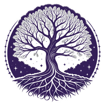 cosmic tree of life mandala with star filled sky vector tree silhouette with leaves