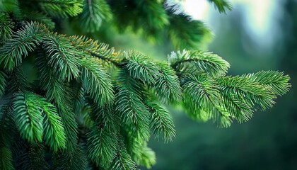 close up of evergreen fir tree branches with needlelike leaves