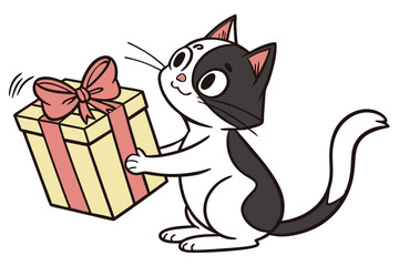 Smiling cartoon cat carefully balances a yellow gift box with pink bow and ribbon