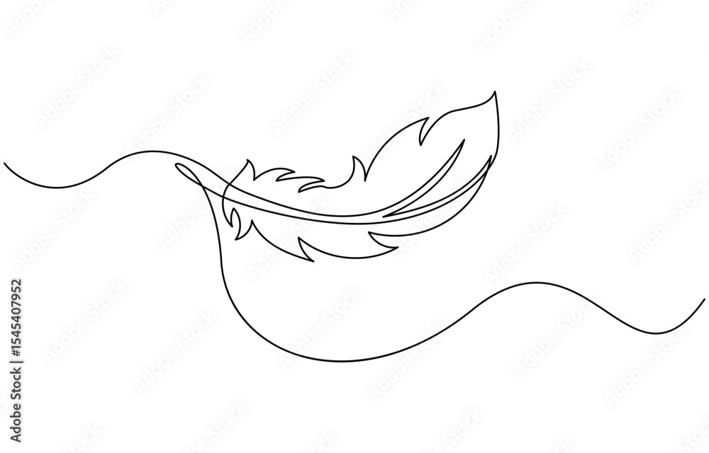 Fototapete continuous one line drawing of bird feather isolated on white background, bird feather continuous on
