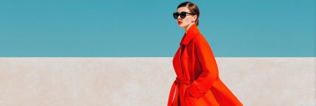 Fashion model wearing red coat and sunglasses posing in front of blue and beige wall