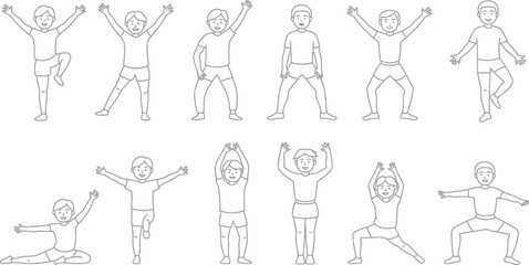 Line drawing of people doing various exercises and stretches in black and white