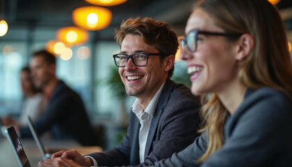 Fototapeta premium A vibrant team of employees from different backgrounds working together harmoniously in a modern, well-lit office — symbolizing unity, growth, and success