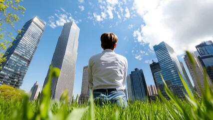 Man sitting in grass, gazing at skyscrapers under a clear blue sky in an urban setting