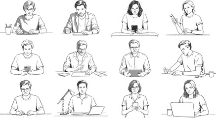 Twelve monochrome illustrations of people using technology at their desks