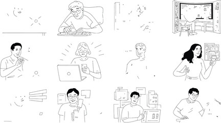 Obraz premium Line art illustration of people using technology and working on computers