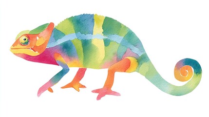 A whimsical chameleon watercolor painting showcasing vibrant colors with a curly tail painted on a