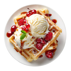 Waffles Ice Cream Raspberries Currants isolated on a transparent background