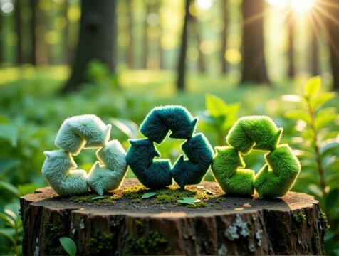 Three fluffy recycling symbols green, resting on a moss-covered, weathered tree stump in a sun-dappled forest, highlighting green living and ecological responsibility.