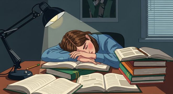 An overworked student is sleeping on textbooks at a desk late at night. This is an illustration of chronic fatigue, stress, and emotional burnout during university exam preparation.