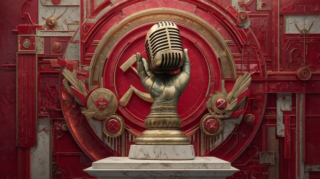 Art Deco Style Microphone on Communist Backdrop: A Vintage Political Statement