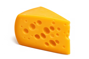 Swiss cheese wedge displaying signature holes, floating against transparent backdrop for seamless design integration