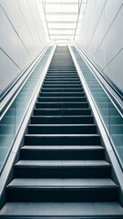 Obraz premium Modern escalator stairs ascending in a sleek, contemporary building interior