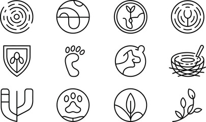 Collection of twelve line art icons depicting nature and animal themes set